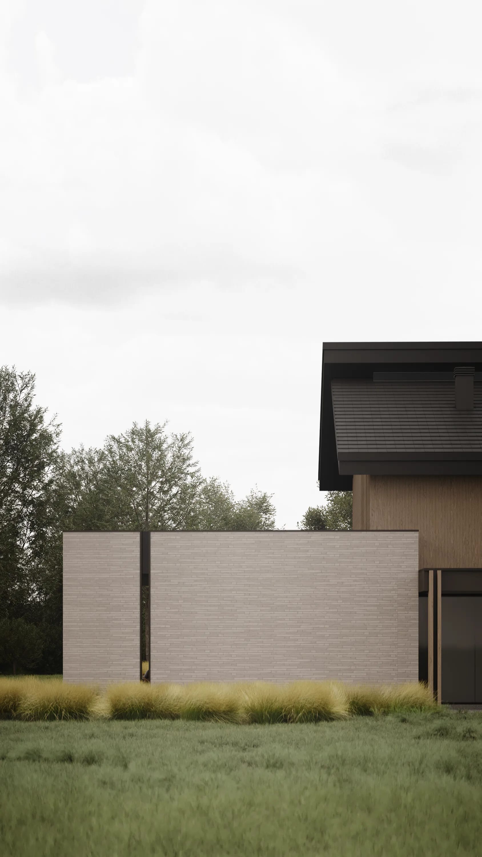Глухая светлая плоскость бокового фасада